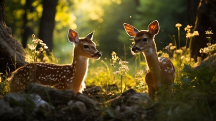 Two deer are standing in a field of grass