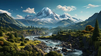 Fototapeta premium A mountain range with a river running through it