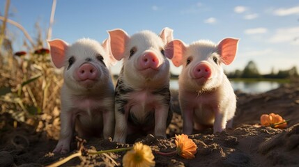 Three baby pigs are standing in the dirt, with one of them holding a flower