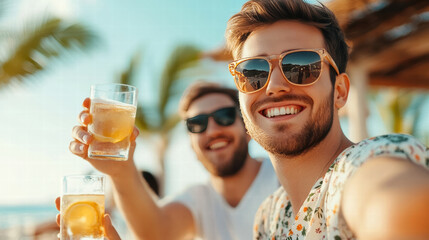 Two men are smiling and holding glasses of beer