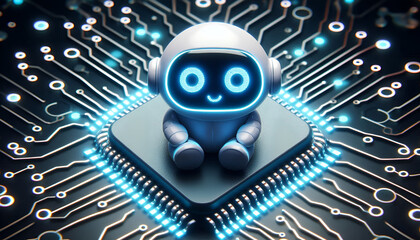 A cute AI chatbot icon with glowing eyes sitting on a microchip, representing the concept of artificial intelligence and friendly technology