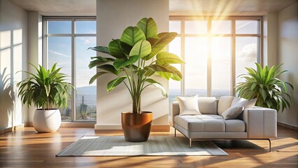 Sunlight streams through expansive windows, illuminating a spacious living room with a plush sectional couch and a vibrant potted plant, creating a serene and inviting atmosphere.