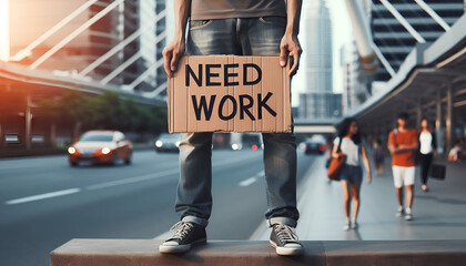 Person holding a cardboard sign reading "Need Work" in an urban setting, symbolizing unemployment or job seeking in a city environment