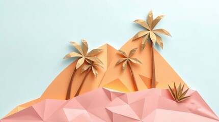 A vibrant paper art depiction of a tropical landscape with palm trees and mountains.