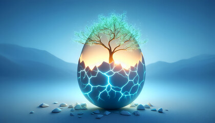 A glowing tree with vibrant, luminescent leaves growing inside a cracked egg, symbolizing new beginnings and growth. The egg is nestled in soft, green grass, with delicate roots extending from the tre