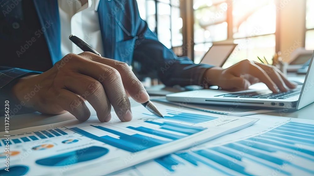 Poster a financial advisor explaining a chart to a client in an office.