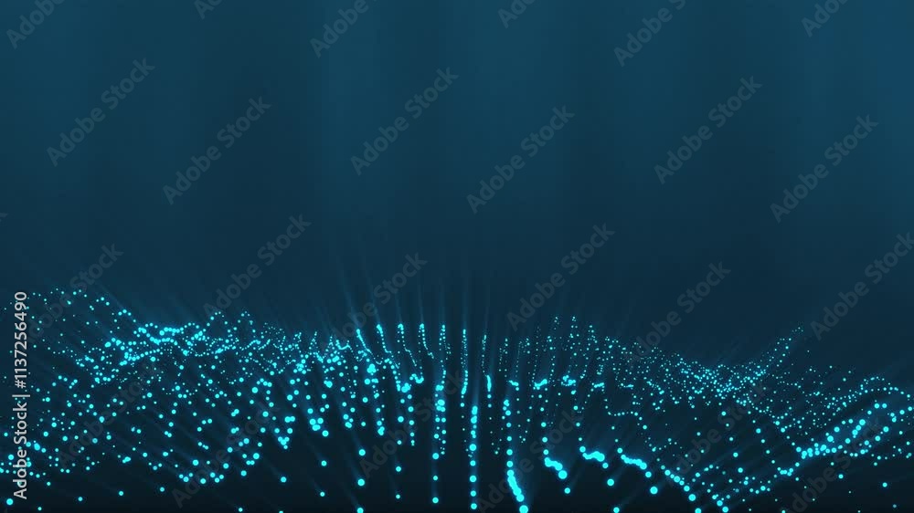 Poster blue glowing circles particles wave at the bottom with light rays and shine on a dark abstract backg