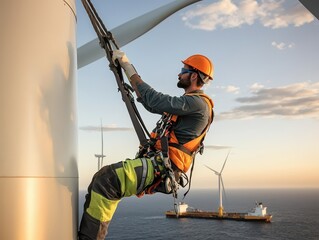 A wind turbine technician ascends a structure, wearing safety gear, against a backdrop of ocean and wind farms during sunset.