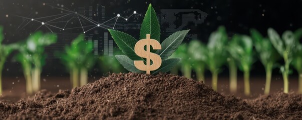 Floating dollar icon surrounded by digital data charts and crop icons, concept of smart farming, agri tech, and financial analytics, clean tech inspired backdrop
