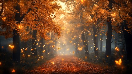Fototapeta premium A mesmerizing fantasy landscape filled with radiant autumn trees, each branch delicately adorned with golden 