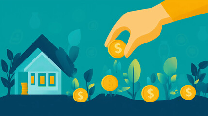 A hand planting seeds, with each seed morphing into a different investment asset like a house, stock certificate, or coin.