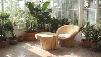 Relaxing greenhouse seating area indoor garden home decor bright environment cozy view nature vibes