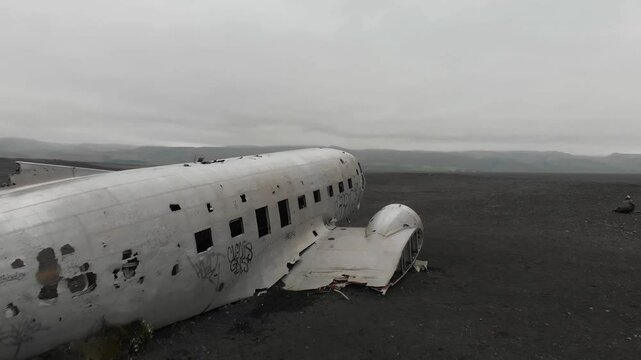 Aerial view of United States Navy DC plane wreck on the black beach at Solheimasandur
