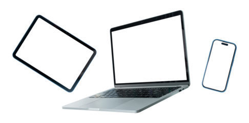 Set of smart devices smartphone, tablet and laptop with blank screen isolated on transparent background, PNG Format