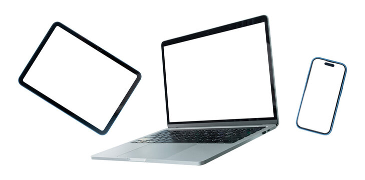 Set of smart devices smartphone, tablet and laptop with blank screen isolated on transparent background, PNG Format