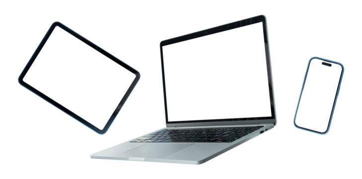 Set of smart devices smartphone, tablet and laptop with blank screen isolated on transparent background, PNG Format