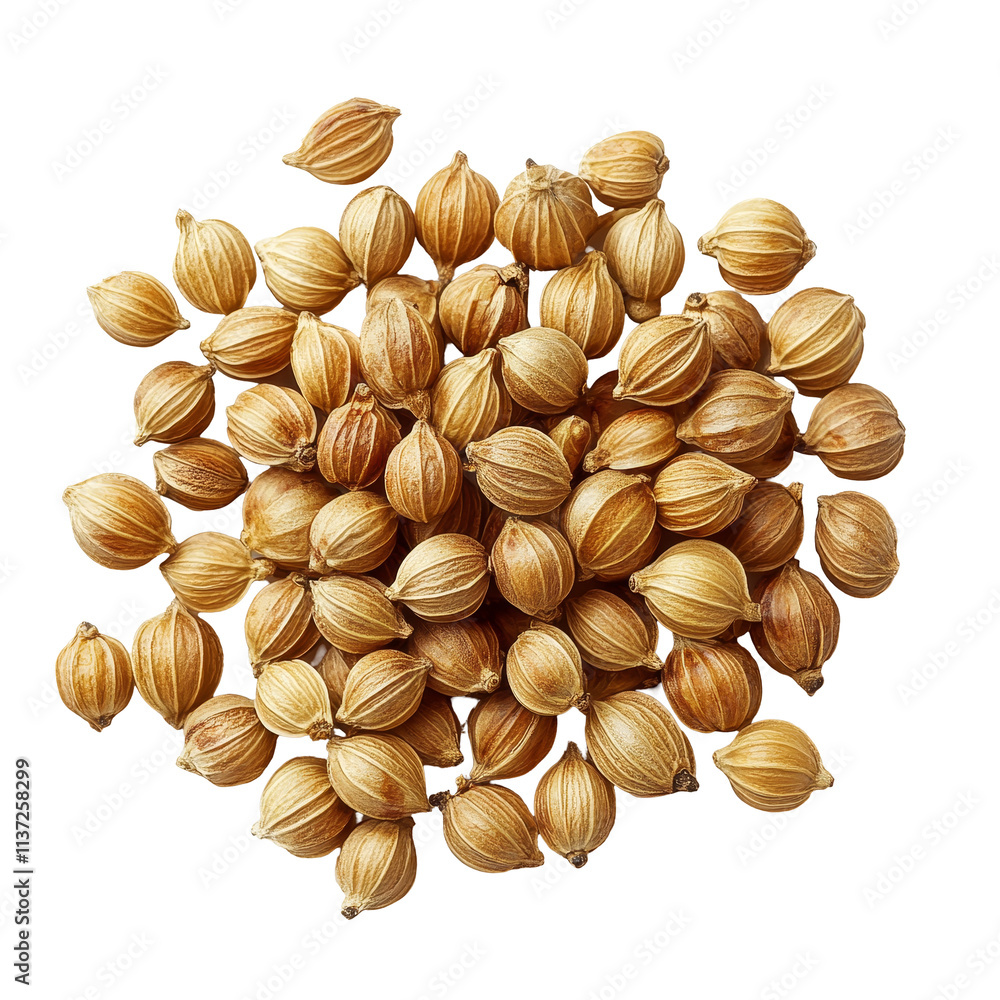 Poster coriander seeds scattered on a transparent background showcasing their unique shape and texture in n