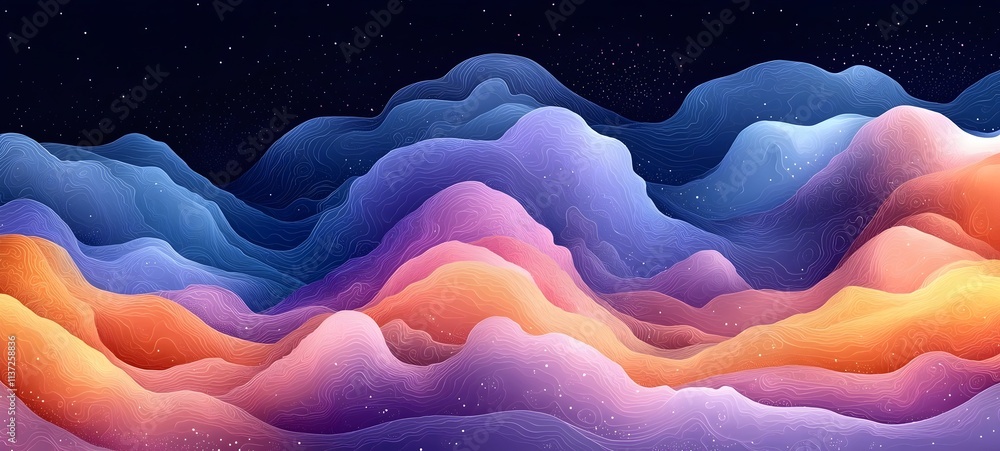 Poster An abstract illustration of flowing waves in vibrant colors ranging from purple to orange against a deep blue backdrop, creating a sense of depth and tranquility.
