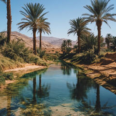 Obraz premium Serene Oasis in a Desert Landscape with Palm Trees