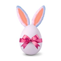 Fototapeta premium Easter Egg with Bunny Ears and Pink Bow. Cute Bunny Eared Egg for Easter. white background cutout