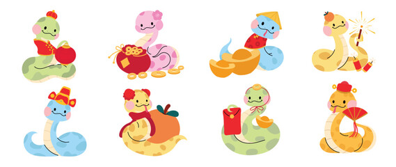 Cute funny snakes element vector set. Chinese new year symbol, happy snake character in costume, hat, coin, money. Year of the snake illustration for greeting card, sticker, calendar, background.