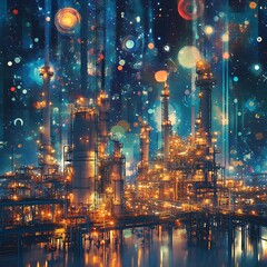 Fototapeta premium Futuristic refinery at night, illuminated with vibrant lights and cosmic elements.