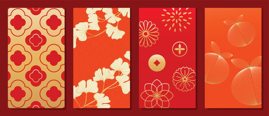 Chinese New Year 2025 hongbao red envelope design vector. Collection of Chinese festival with flower, ginkgo leaf, firework, orange. Elegant oriental illustration for angpao, cover, calendar, ads. 