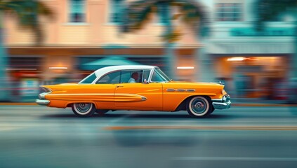 Vintage Yellow Coupe Driving Through City Street