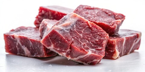 Obraz premium Close up of beef frozen pieces on a white background , beef, frozen, meat, pieces, food, raw, steak, ingredient