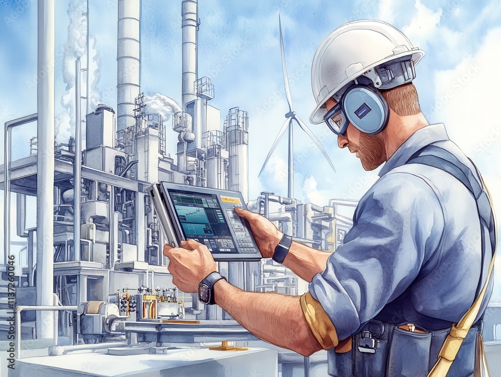 Poster a skilled worker in protective gear uses a tablet to monitor operations in an industrial setting wit