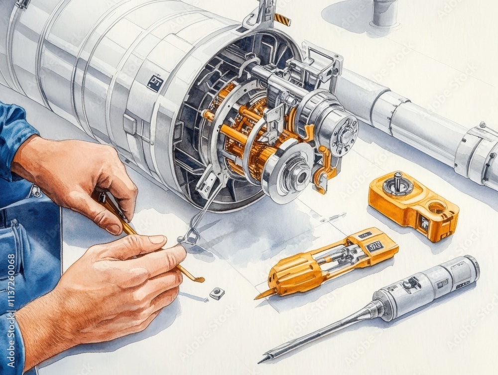 Poster a detailed illustration of hands working on a complex mechanical engine, featuring tools and compone