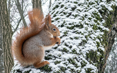 red squirrel sits on snowy tree trunk in winter park and eats nut.