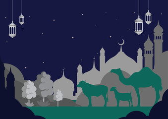 Vector art design background of Eid al-Adha, or the Festival of Sacrifice, commemorates Abraham's obedience to God. It involves the ritual sacrifice of animals, emphasizes charity, community, faith