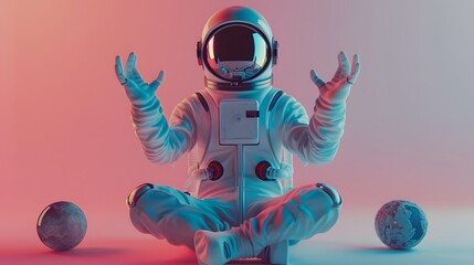 An astronaut in a white spacesuit sits in a lotus position, with his hands up, surrounded by two blue and purple planets. The background is a gradient of pink and purple.