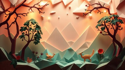 A vibrant, low-poly landscape featuring stylized trees, mountains, and animals in a whimsical setting.