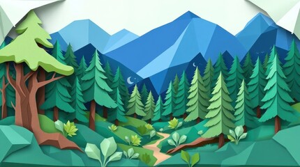 A vibrant, stylized paper-cut landscape featuring mountains, trees, and a winding path.