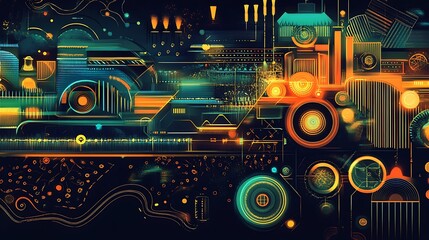 Obraz premium Abstract digital art depicting a futuristic cityscape with glowing lines, geometric shapes, and intricate details.