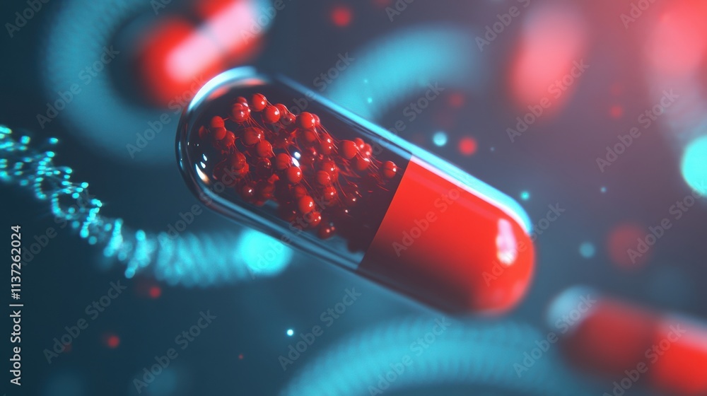 Poster a detailed close-up of a red pill capsule containing intricate dna-like structures, with futuristic 