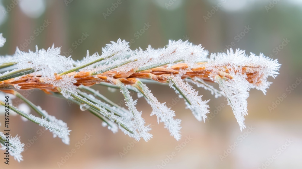 Poster a detailed view of a pine branch adorned with beautiful snowflakes, capturing the tranquility of win