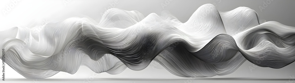 Poster an abstract, flowing white wave design with smooth curves and gradients, creating a sense of movemen