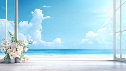 Bright atmosphere of serene ocean view beach house with flowers in wide angle art