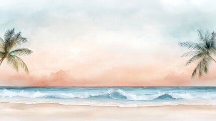 Wide-angle tropical beach paradise digital art of a serene relaxation environment