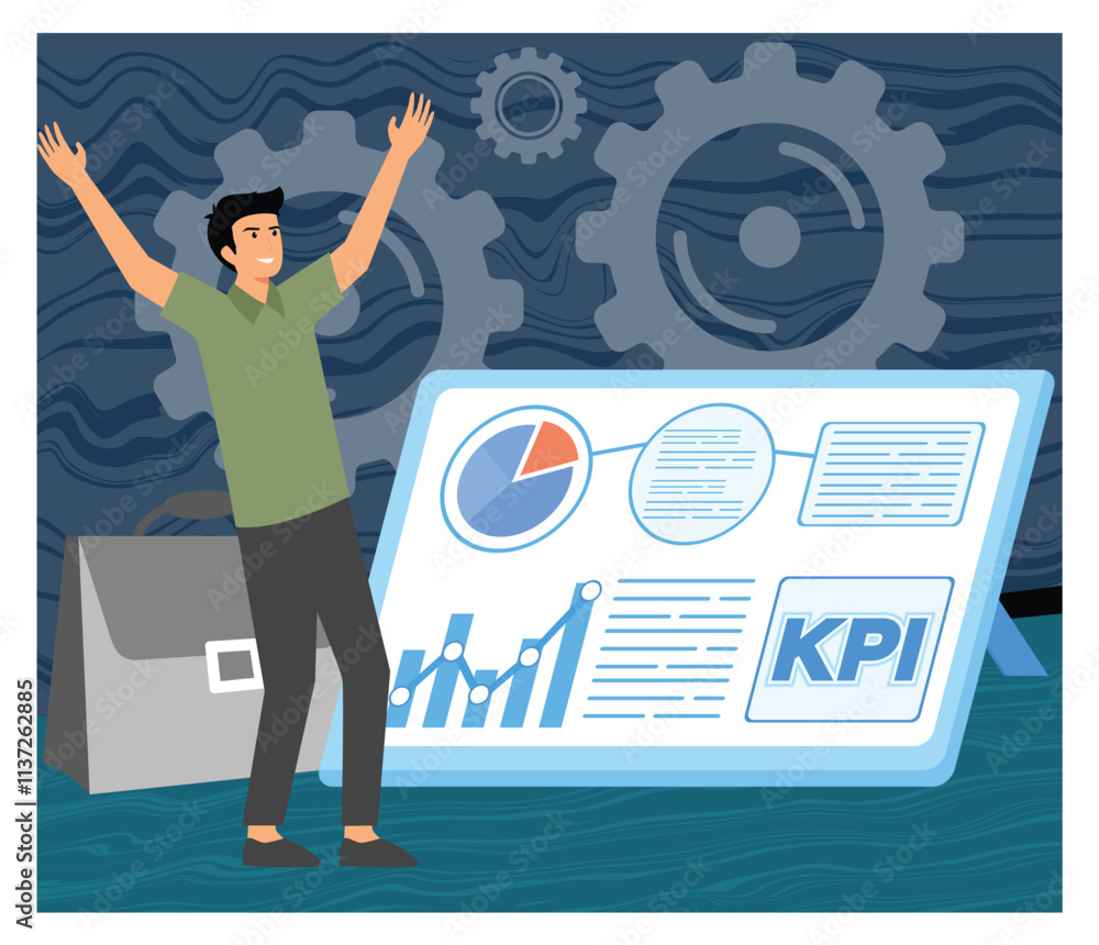 Aufkleber business analysis instruments. man celebrating business success with kpi dashboard and data metrics.