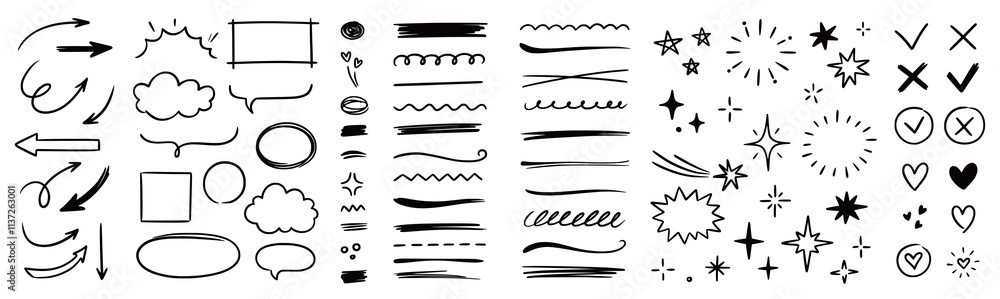 Poster line arrow hand drawn shape brush underline stroke element vector set. hand drawn doodle sketch arro