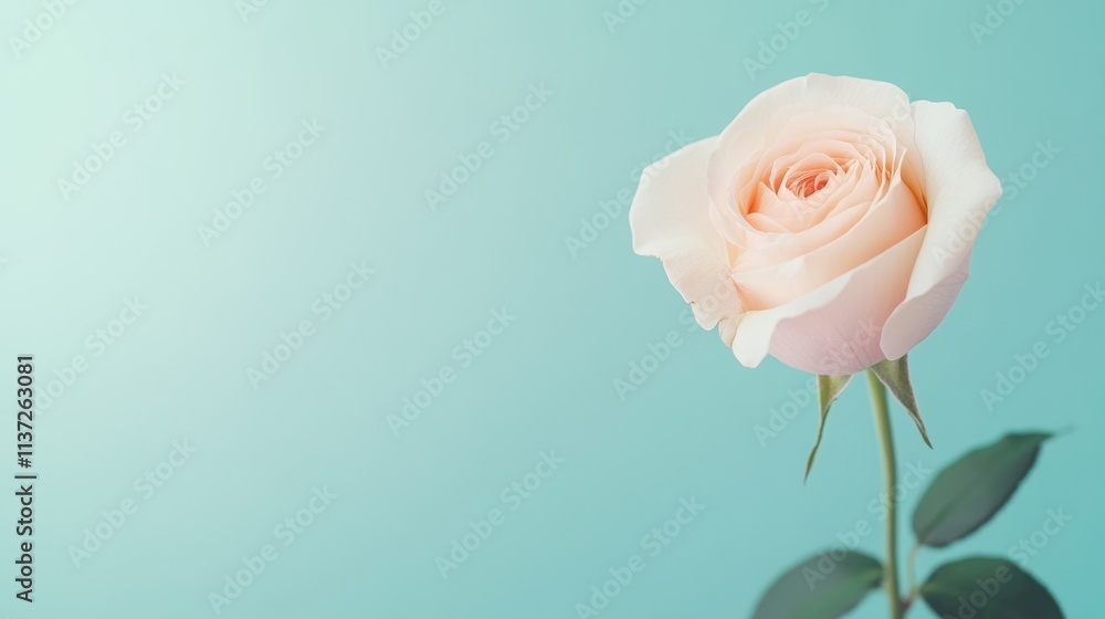 Poster Soft pink rose bloom stands gracefully with blurred pastel hues in the background, evoking calmness and beauty in nature