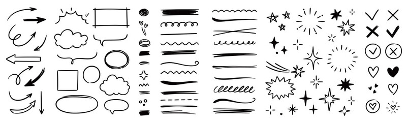 Line arrow hand drawn shape brush underline stroke element vector set. Hand drawn doodle sketch arrow, circle, star brush stroke scribble underline icon. Marker doodle heart vector illustration.
