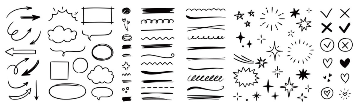 Line arrow hand drawn shape brush underline stroke element vector set. Hand drawn doodle sketch arrow, circle, star brush stroke scribble underline icon. Marker doodle heart vector illustration.