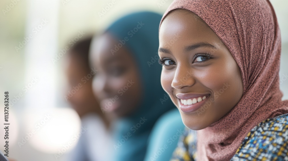 Poster students in hijabs collaborate joyfully while studying in a well-lit classroom during a productive a