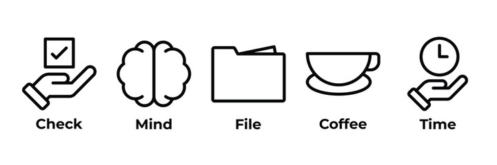 Time to Check Your Mind icon set vector illustration with icon of  check, mind, file, coffe,  and time