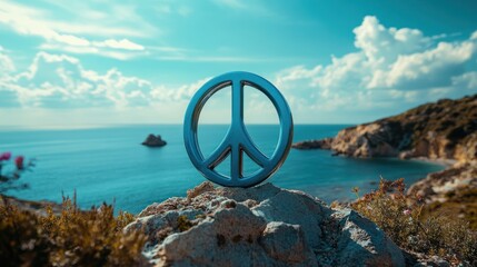 Serene Coastal Peace Symbol: A Tranquil Seascape with a Metal Peace Sign